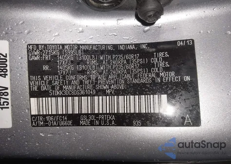 2013 Toyota Sienna Le V6 8 Passenger из США, поврежденный, VIN 5TDKK3DC8DS361049